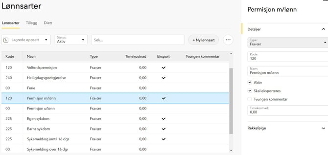 lønnsarter til fraværsregistrering