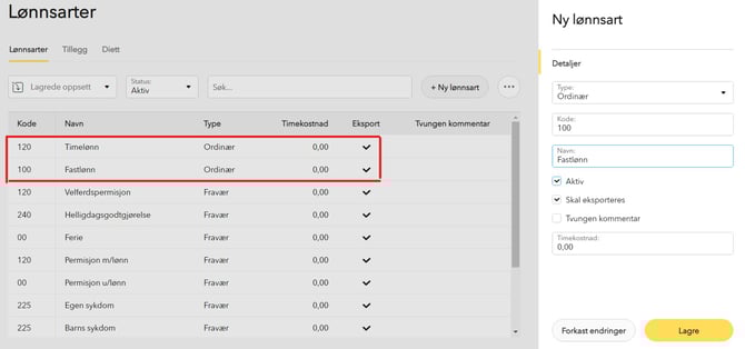 lønnsarter til timeregistrering